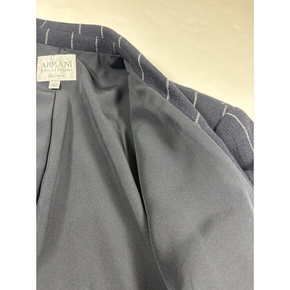 Armani Collezioni Blazer Navy Blue Pinstripe Chalk Stripe 8 Asymmetrical Pocket - Picture 9 of 12